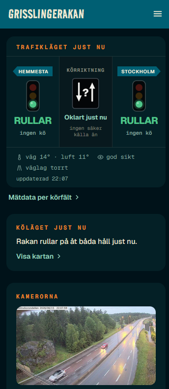 GRISSLINGERAKAN: realtidsöversikt med trafikljus per riktning och körläge