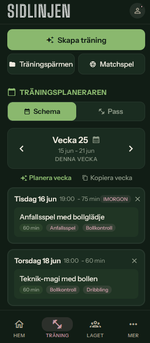 SIDLINJEN: träningsplaneraren med veckoschema och inplanerade pass