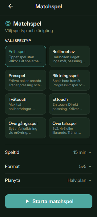 SIDLINJEN: matchspel med val av speltyp, speltid och format