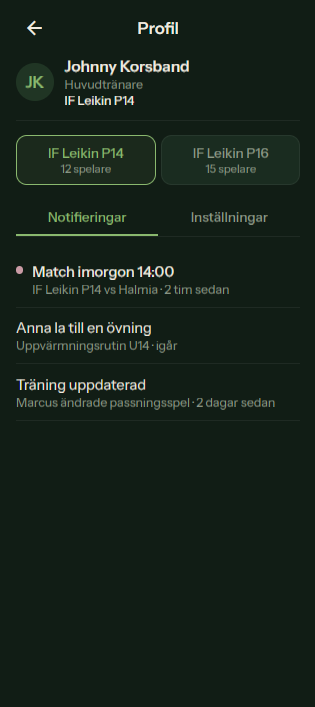 SIDLINJEN: tränarprofil med lag, notiser och inställningar